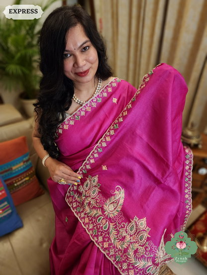Zynah Pink Pure Tussar Silk Saree With Zardosi, Pearls & Sequins Hand Embellishments With Resham Thread Embroidery; Custom Stitched/Ready-made Blouse, Fall, Petticoat; SKU: 2101202501