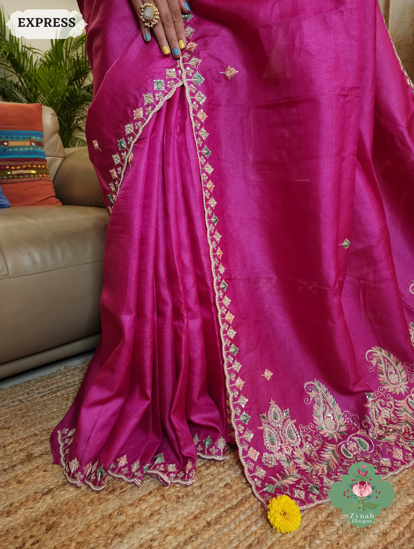 Zynah Pink Pure Tussar Silk Saree With Zardosi, Pearls & Sequins Hand Embellishments With Resham Thread Embroidery; Custom Stitched/Ready-made Blouse, Fall, Petticoat; SKU: 2101202501