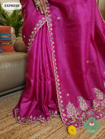 Zynah Pink Pure Tussar Silk Saree With Zardosi, Pearls & Sequins Hand Embellishments With Resham Thread Embroidery; Custom Stitched/Ready-made Blouse, Fall, Petticoat; SKU: 2101202501
