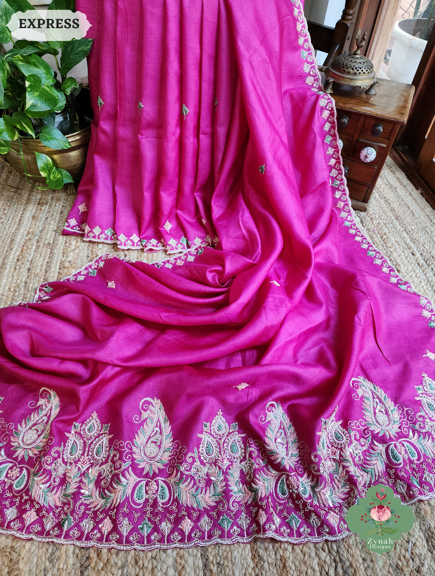 Zynah Pink Pure Tussar Silk Saree With Zardosi, Pearls & Sequins Hand Embellishments With Resham Thread Embroidery; Custom Stitched/Ready-made Blouse, Fall, Petticoat; SKU: 2101202501