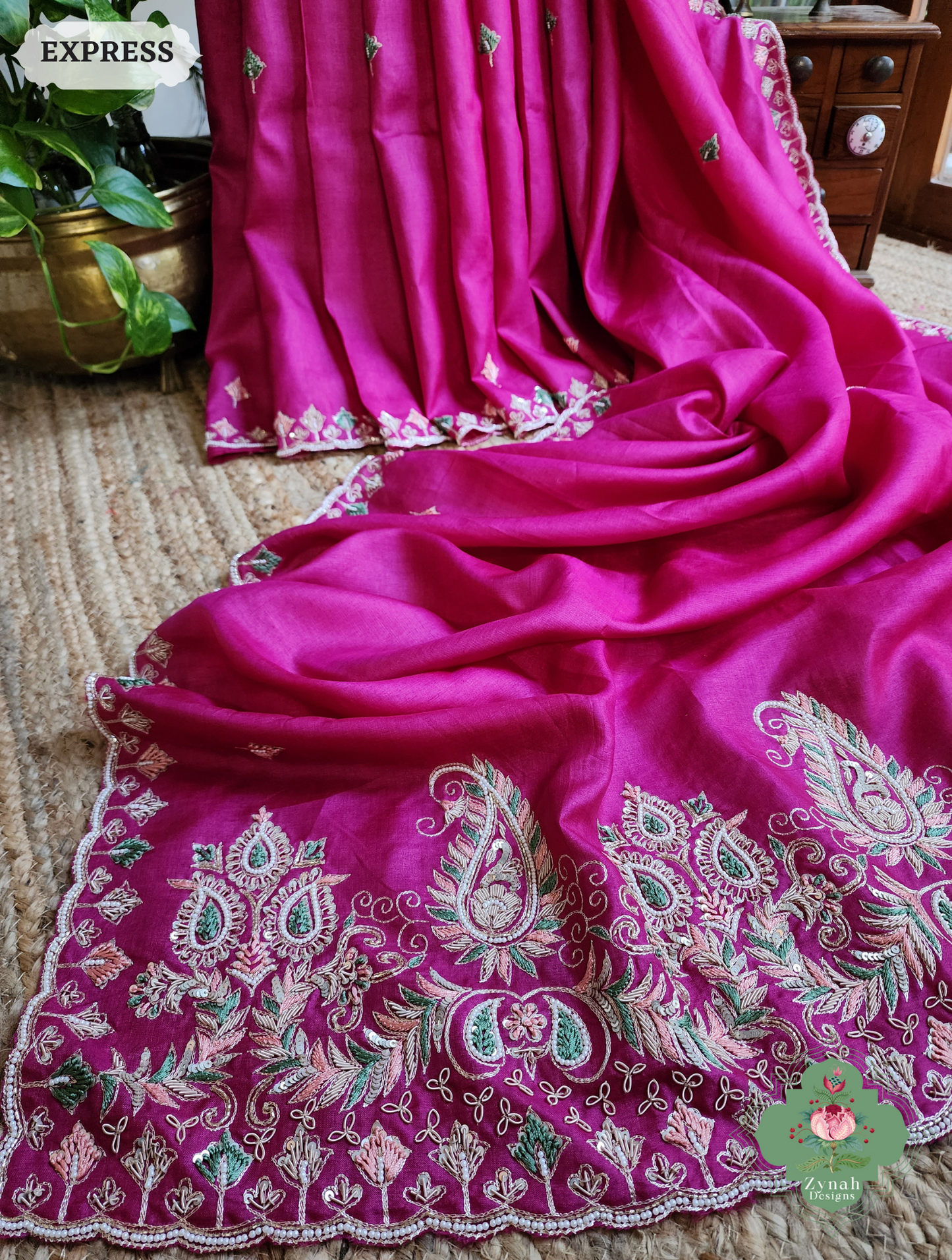 Zynah Pink Pure Tussar Silk Saree With Zardosi, Pearls & Sequins Hand Embellishments With Resham Thread Embroidery; Custom Stitched/Ready-made Blouse, Fall, Petticoat; SKU: 2101202501