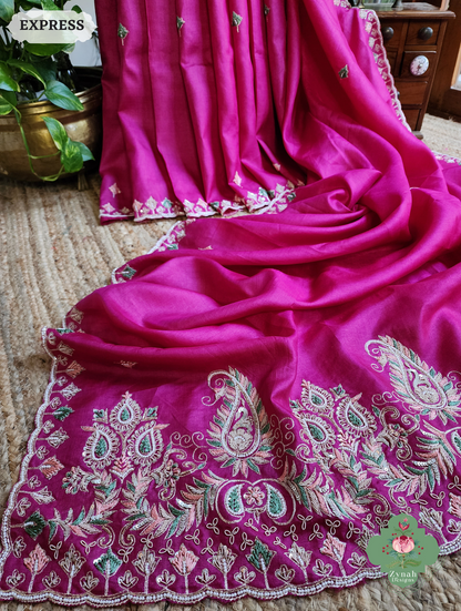 Zynah Pink Pure Tussar Silk Saree With Zardosi, Pearls & Sequins Hand Embellishments With Resham Thread Embroidery; Custom Stitched/Ready-made Blouse, Fall, Petticoat; SKU: 2101202501