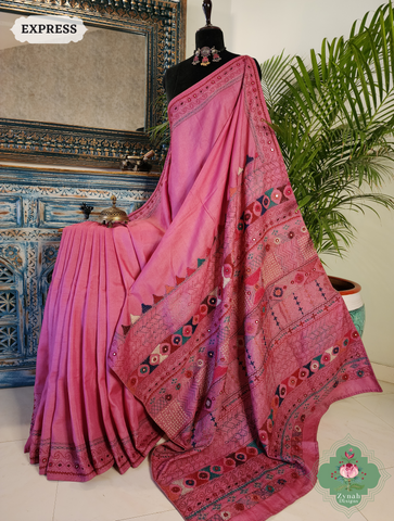 Zynah Pink Tussar Silk Saree With Lambani Hand Embroidery; Custom Stitched/Ready-made Blouse, Fall, Petticoat; SKU: 1007202501