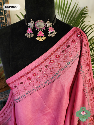Zynah Pink Tussar Silk Saree With Lambani Hand Embroidery; Custom Stitched/Ready-made Blouse, Fall, Petticoat; SKU: 1007202501