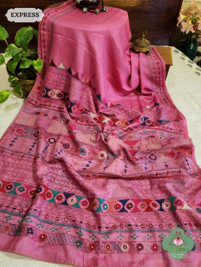 Zynah Pink Tussar Silk Saree With Lambani Hand Embroidery; Custom Stitched/Ready-made Blouse, Fall, Petticoat; SKU: 1007202501