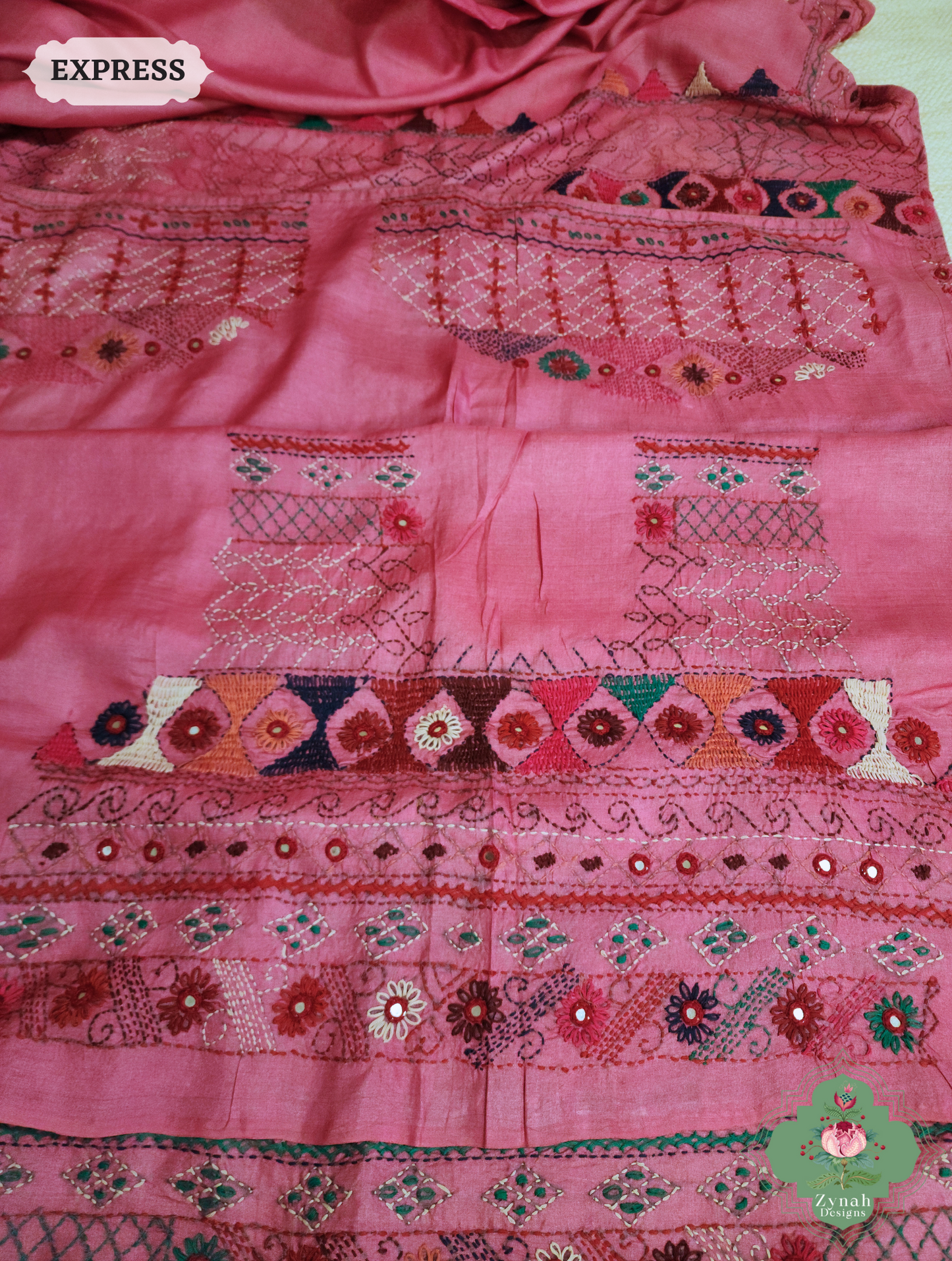 Zynah Pink Tussar Silk Saree With Lambani Hand Embroidery; Custom Stitched/Ready-made Blouse, Fall, Petticoat; SKU: 1007202501