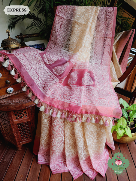 Beautiful Pink/Cream Organza Silk Saree with Chikankari Embroidery - Perfect for Weddings and Parties