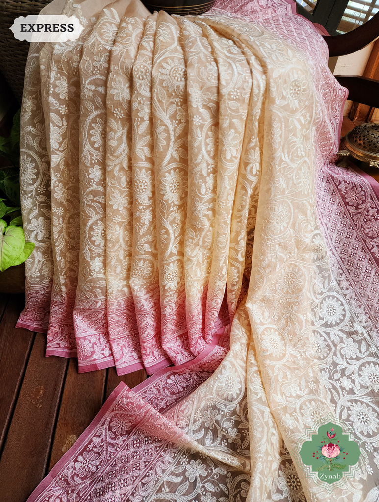 Zynah Pink / Cream Pure Organza Silk Saree with Floral Jaal Thread Chikankari Embroidery; Custom Stitched/Ready-made Blouse, Fall, Petticoat; SKU: 0408202301