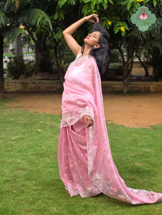 Seher Pink Organza Silk Saree With Designer Crane & Floral Embroidery