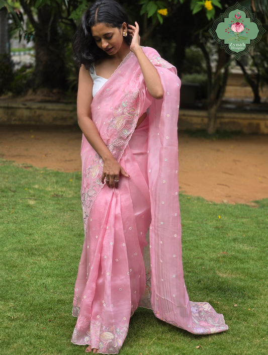 Seher Pink Organza Silk Saree With Designer Crane & Floral Embroidery
