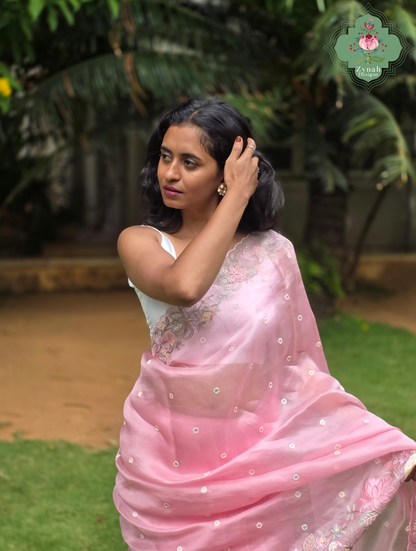 Seher Pink Organza Silk Saree With Designer Crane & Floral Embroidery | Made To Order