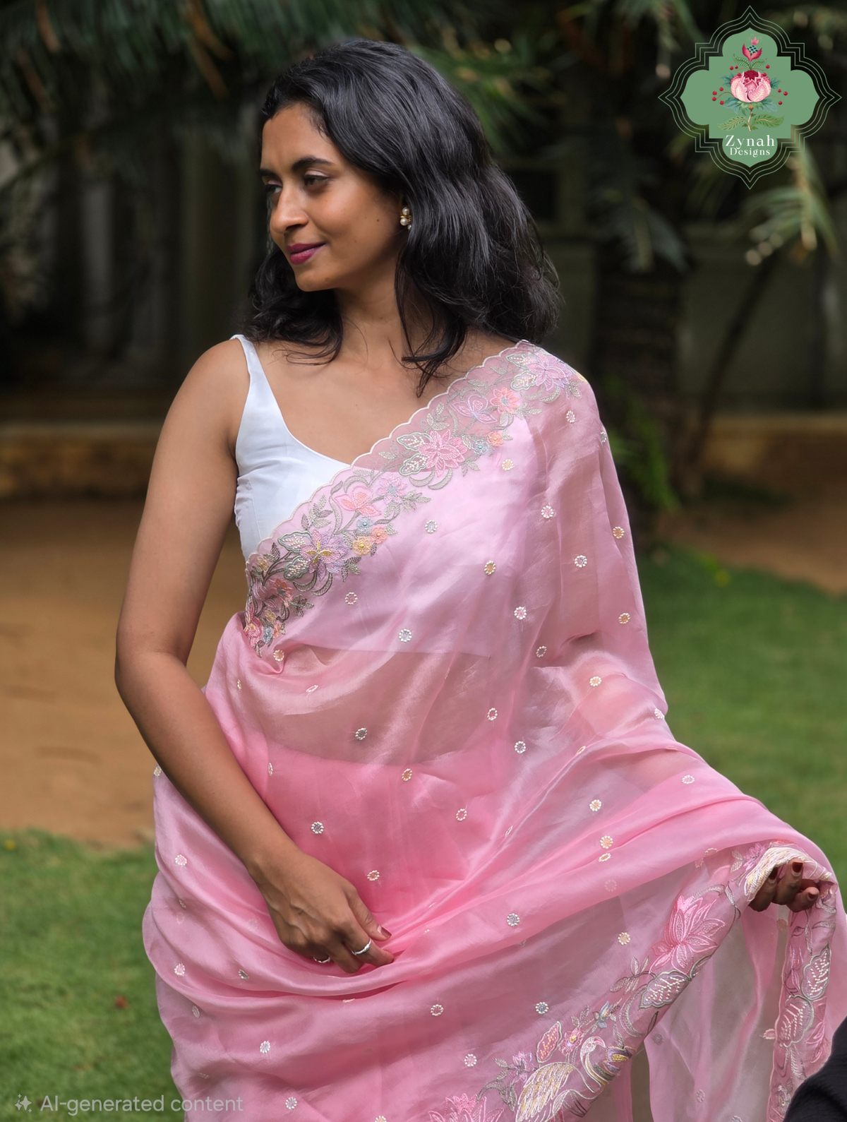 Seher Pink Organza Silk Saree With Designer Crane & Floral Embroidery | Made To Order