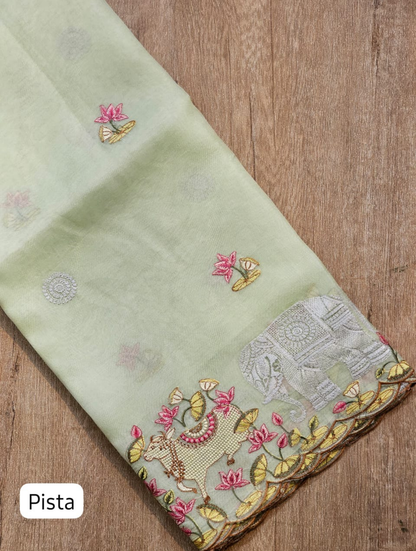 Zynah Pure Organza Silk Sarees With Elephant Pichwai Embroidery & Scallop Border; Custom Stitched/Ready-made Blouse, Fall, Petticoat; SKU: 0401202410