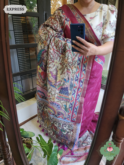 Plum Organic Linen Saree With Madhubani Print 1