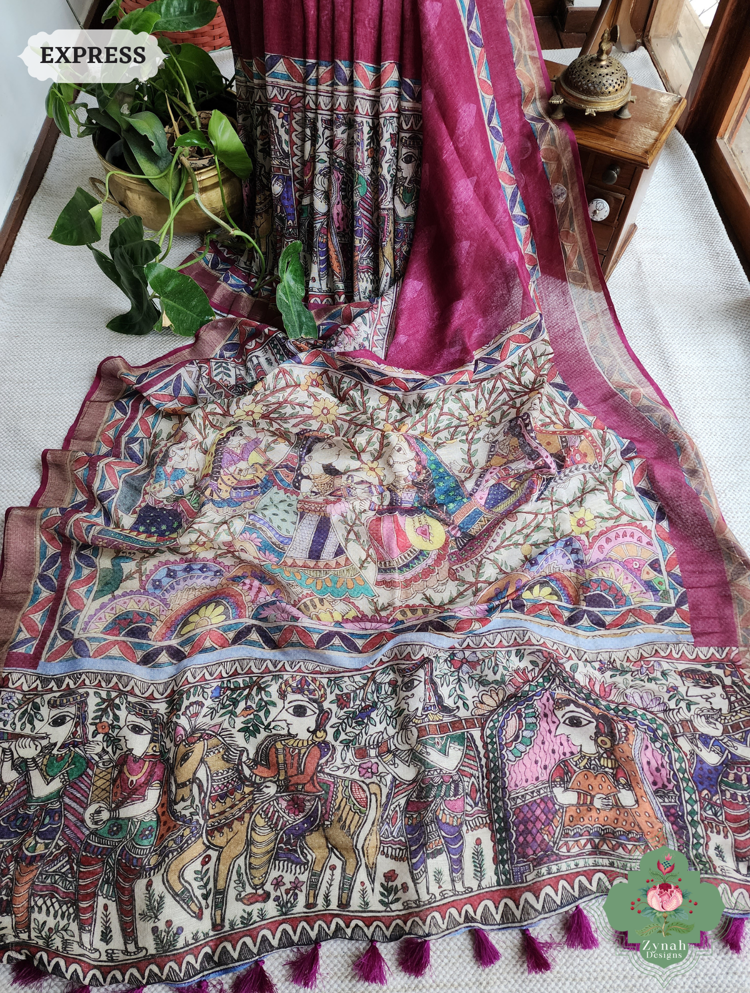 Plum Organic Linen Saree With Madhubani Print 5