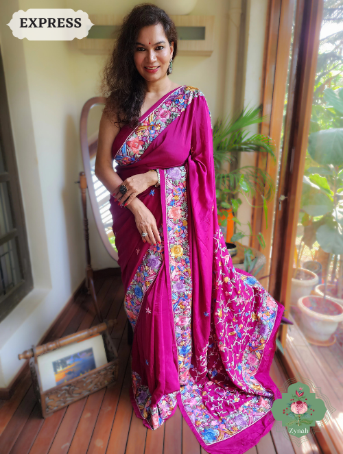 Plum Pure Crepe Satin Silk Saree: Designer Gara Embroidery, vintage charm, authentic heirloom piece with shaded embroidery.