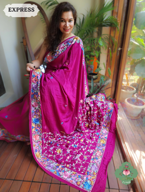 Zynah Plum Pure Crepe Parsi Gara Saree With Designer Gara Embroidery on Pallu ; Custom Stitched/Ready-made Blouse, Fall, Petticoat; SKU: 0106202304
