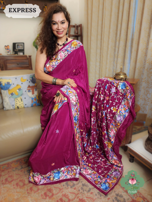 Zynah Plum Pure Crepe Parsi Gara Saree With Designer Gara Embroidery on Pallu ; Custom Stitched/Ready-made Blouse, Fall, Petticoat; SKU: 0106202304