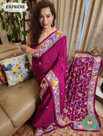 Zynah Plum Pure Crepe Parsi Gara Saree With Designer Gara Embroidery on Pallu ; Custom Stitched/Ready-made Blouse, Fall, Petticoat; SKU: 0106202304