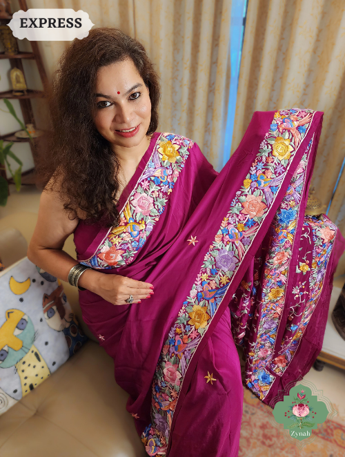 Zynah Plum Pure Crepe Parsi Gara Saree With Designer Gara Embroidery on Pallu ; Custom Stitched/Ready-made Blouse, Fall, Petticoat; SKU: 0106202304