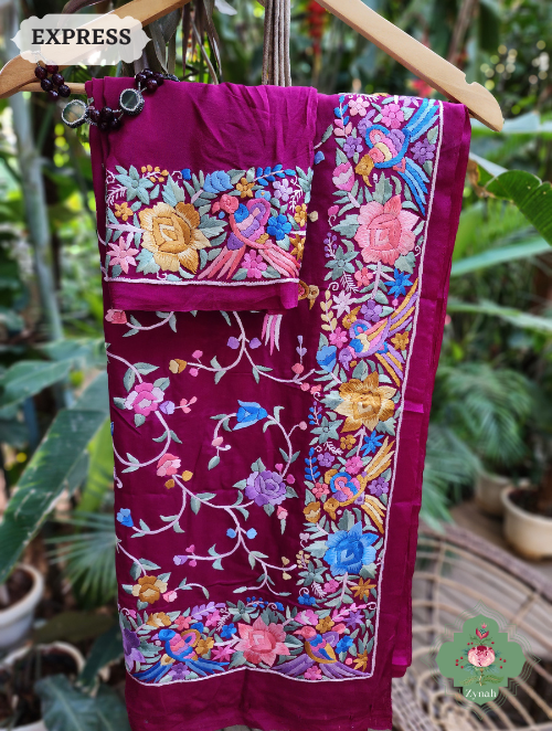 Zynah Plum Pure Crepe Parsi Gara Saree With Designer Gara Embroidery on Pallu ; Custom Stitched/Ready-made Blouse, Fall, Petticoat; SKU: 0106202304