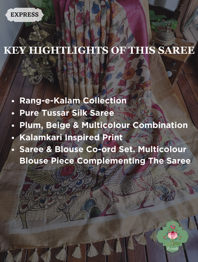 Plum Pure Tussar Silk Saree With Kalamkari Print 2