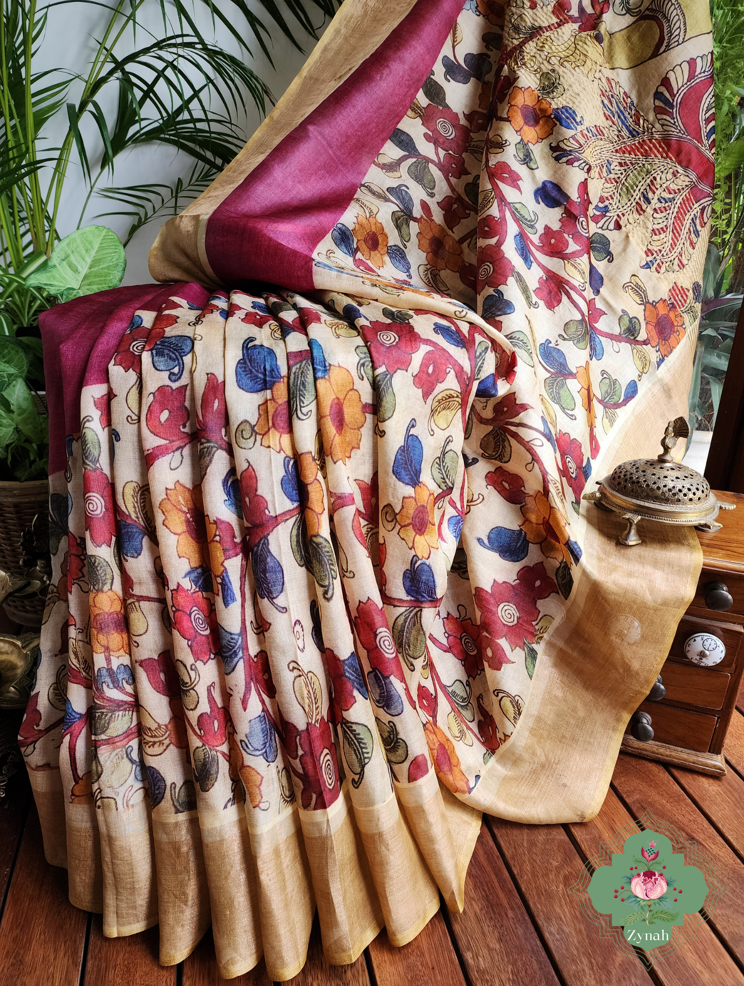 Plum Pure Tussar Silk Saree With Kalamkari Print 4