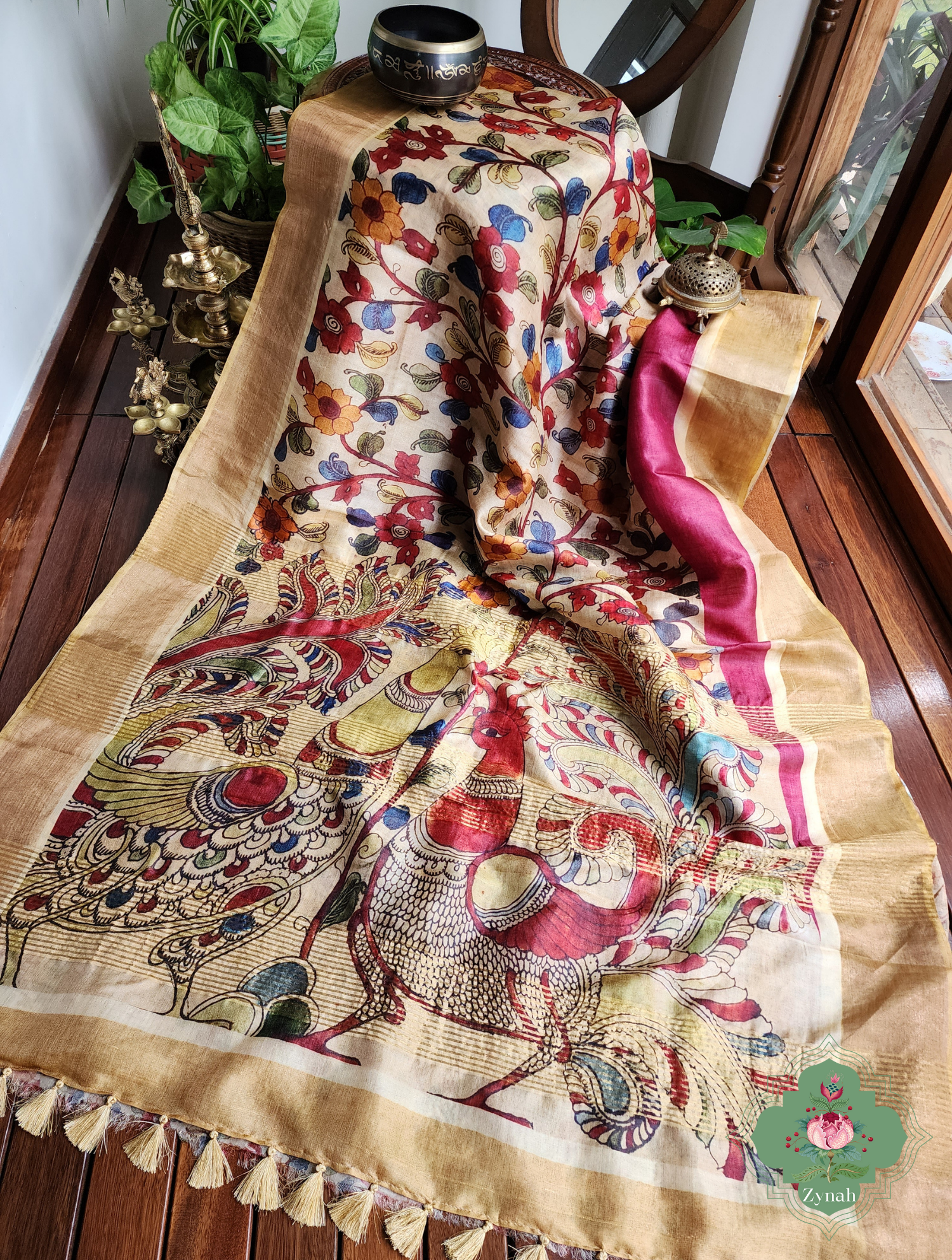 Plum Pure Tussar Silk Saree With Kalamkari Print 6