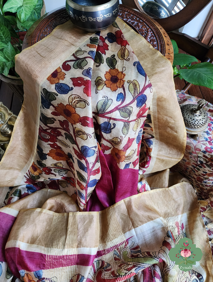 Plum Pure Tussar Silk Saree With Kalamkari Print 9