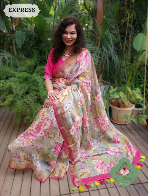 Zynah Powder Blue Bold Floral Linen Saree; Custom Stitched/Ready-made Blouse, Fall, Petticoat; SKU: 2504202304