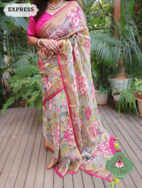 Zynah Powder Blue Bold Floral Linen Saree; Custom Stitched/Ready-made Blouse, Fall, Petticoat; SKU: 2504202304