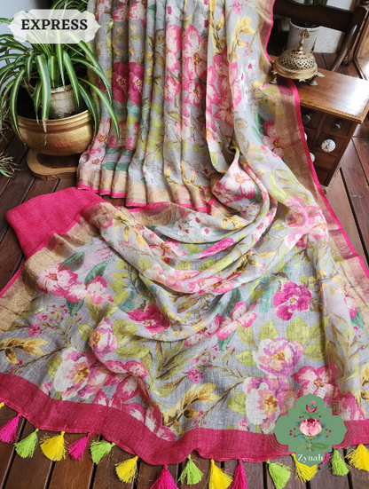 Zynah Powder Blue Bold Floral Linen Saree; Custom Stitched/Ready-made Blouse, Fall, Petticoat; SKU: 2504202304