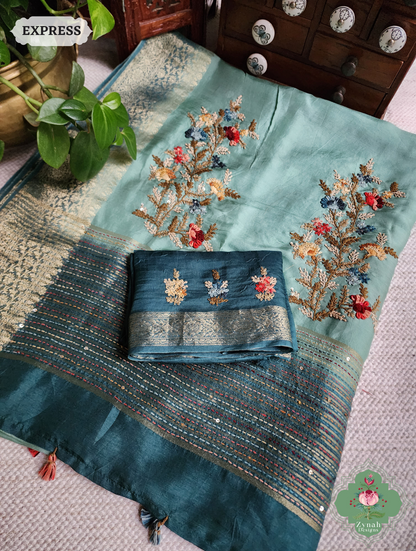 Zynah Powder Blue Munga Silk Saree With Zari Border,French Knot & Kantha Hand Embroidery; Custom Stitched/Ready-made Blouse, Fall, Petticoat; SKU: 1111202401