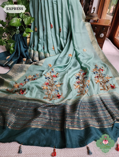 Zynah Powder Blue Munga Silk Saree With Zari Border,French Knot & Kantha Hand Embroidery; Custom Stitched/Ready-made Blouse, Fall, Petticoat; SKU: 1111202401