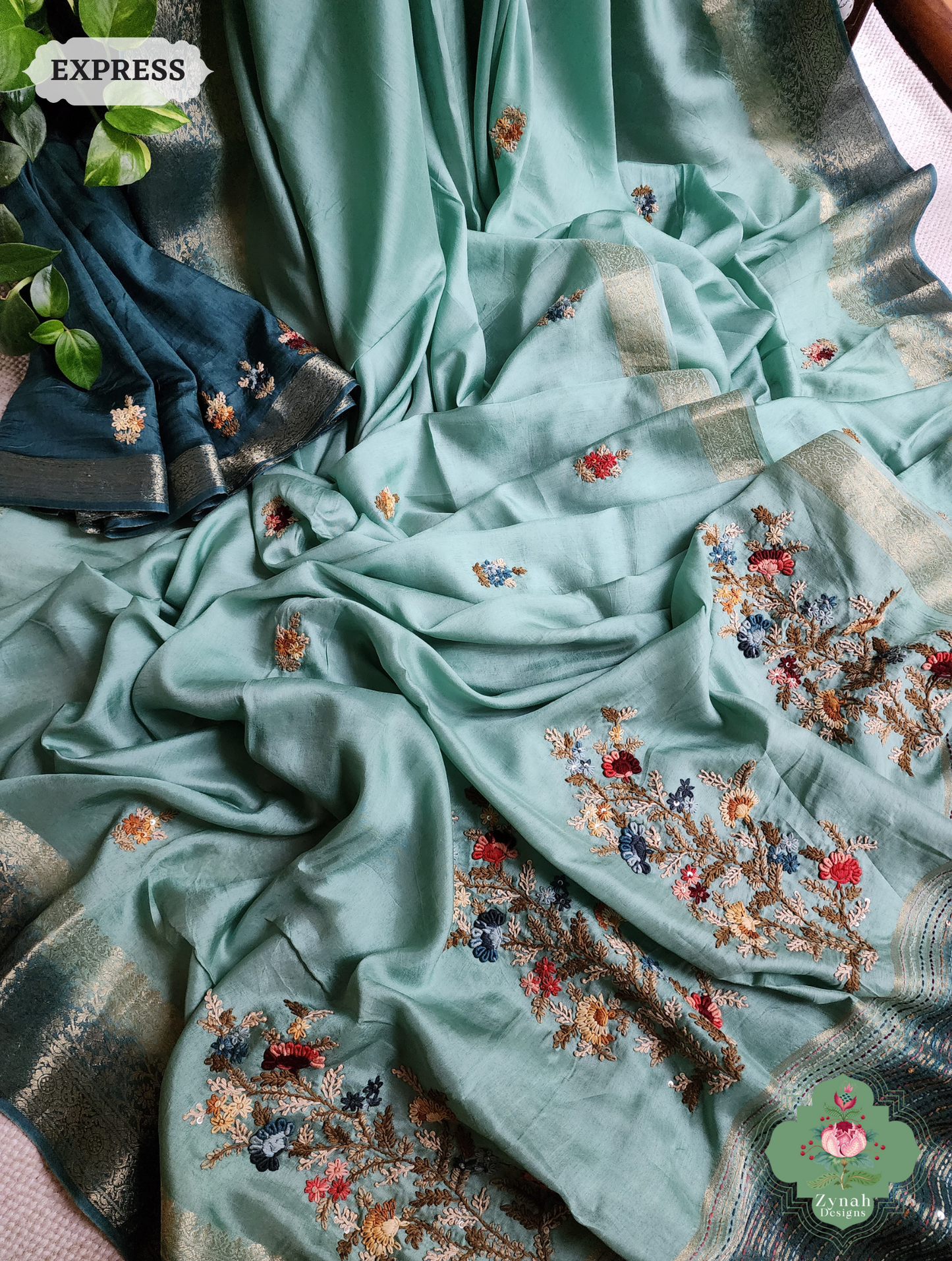 Zynah Powder Blue Munga Silk Saree With Zari Border,French Knot & Kantha Hand Embroidery; Custom Stitched/Ready-made Blouse, Fall, Petticoat; SKU: 1111202401