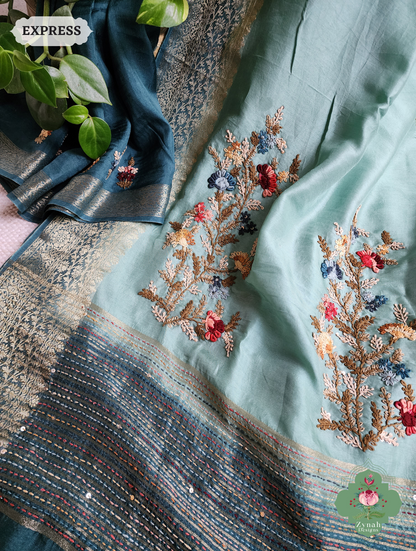 Zynah Powder Blue Munga Silk Saree With Zari Border,French Knot & Kantha Hand Embroidery; Custom Stitched/Ready-made Blouse, Fall, Petticoat; SKU: 1111202401