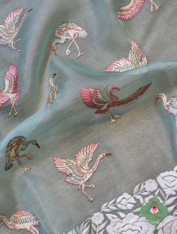 Powder Blue Pure Organza Silk Saree With Parsi Embroidery Border & All Over Embroidered Flamingoes 1