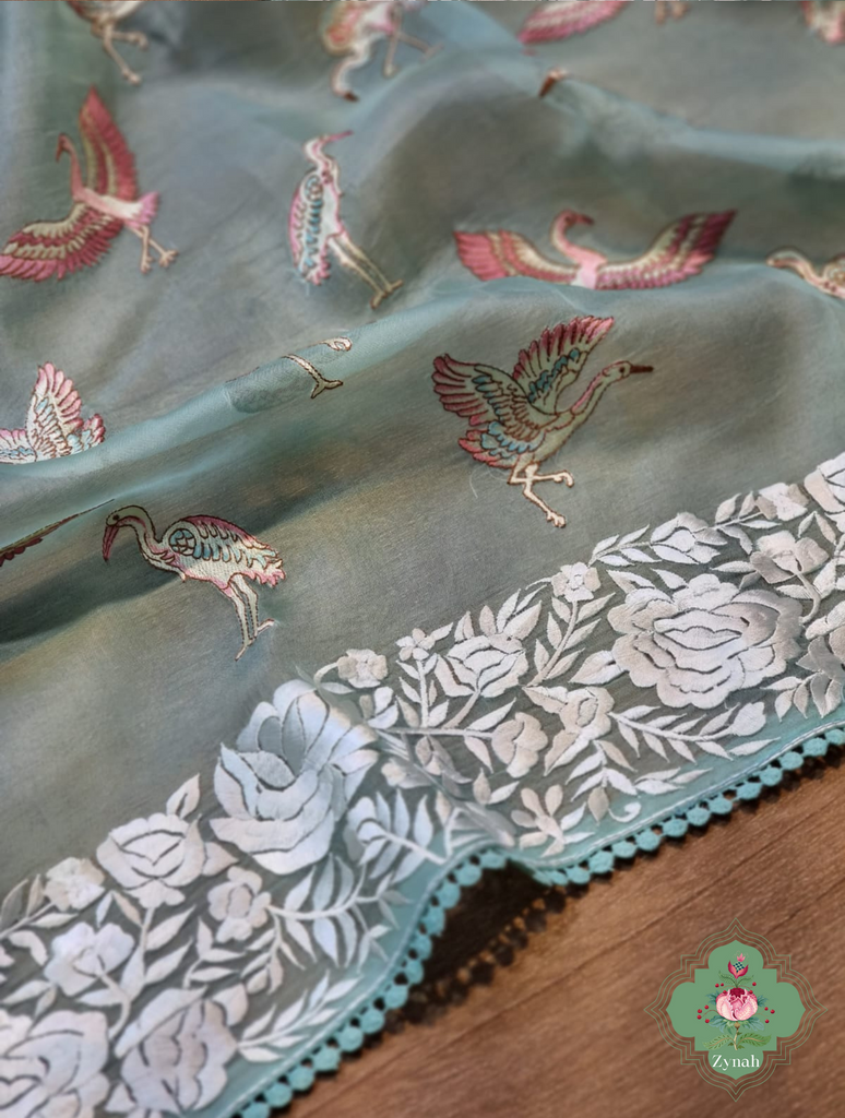 Powder Blue Pure Organza Silk Saree With Parsi Embroidery Border & All Over Embroidered Flamingoes 4