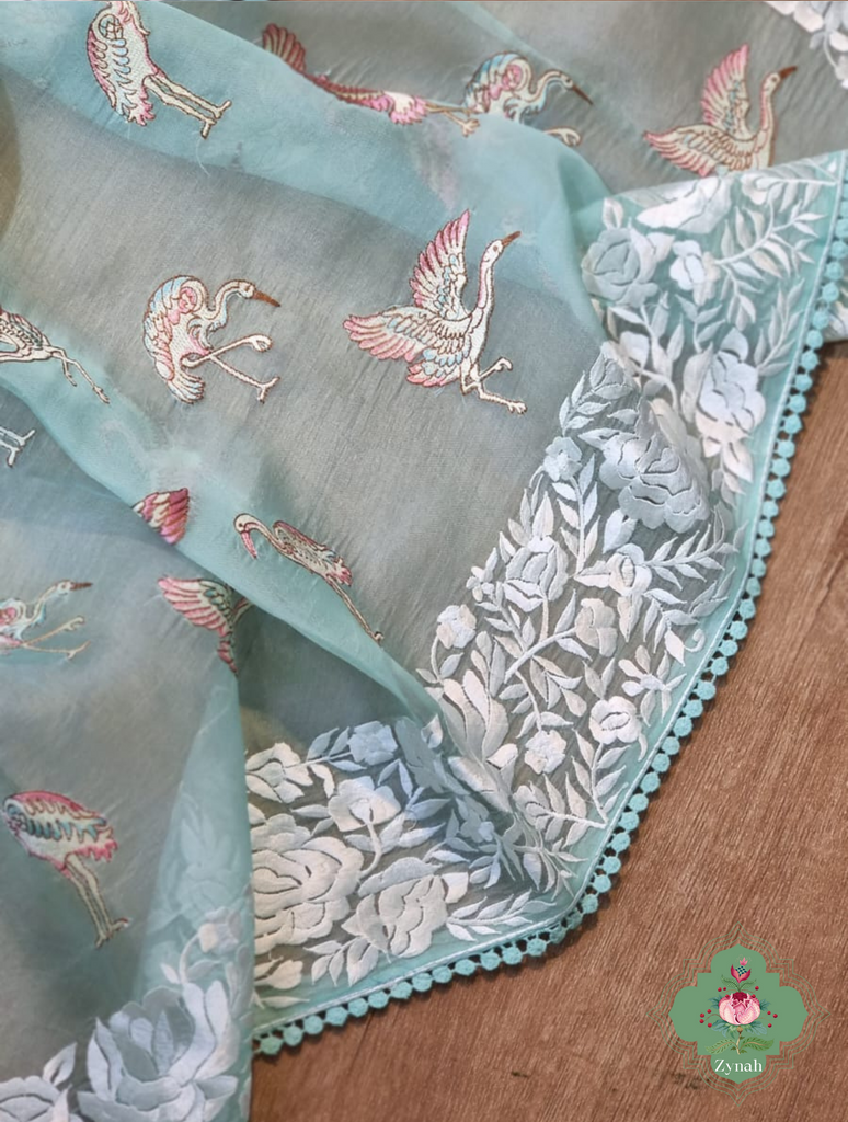 Powder Blue Pure Organza Silk Saree With Parsi Embroidery Border & All Over Embroidered Flamingoes 5