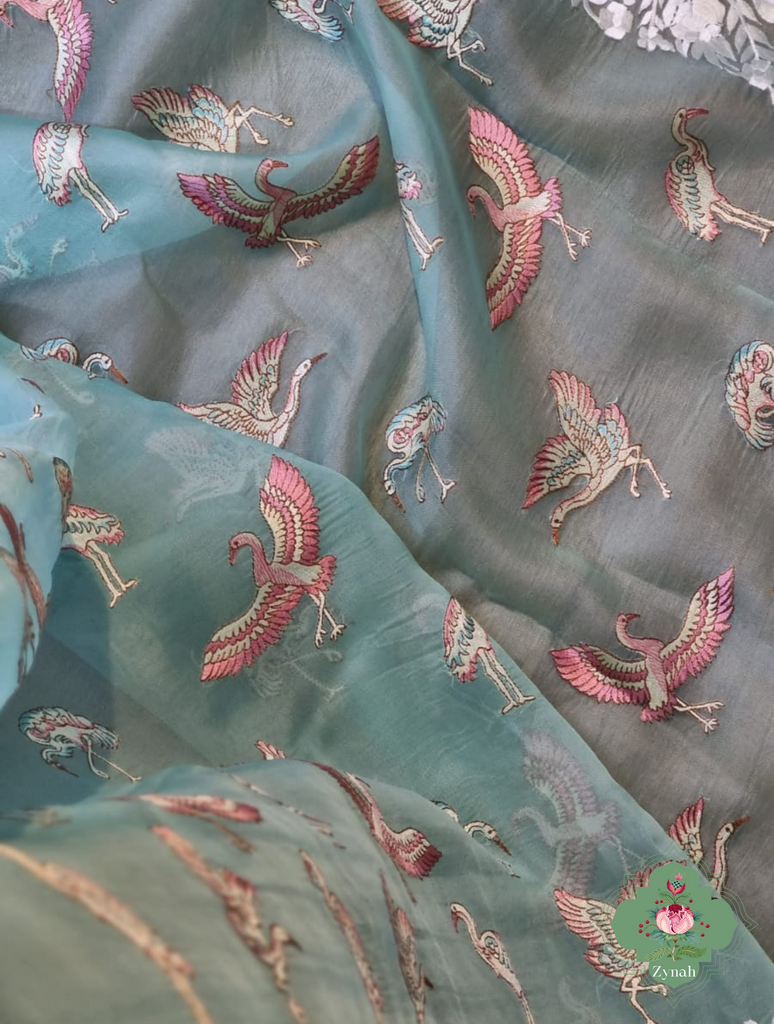 Powder Blue Pure Organza Silk Saree With Parsi Embroidery Border & All Over Embroidered Flamingoes 6
