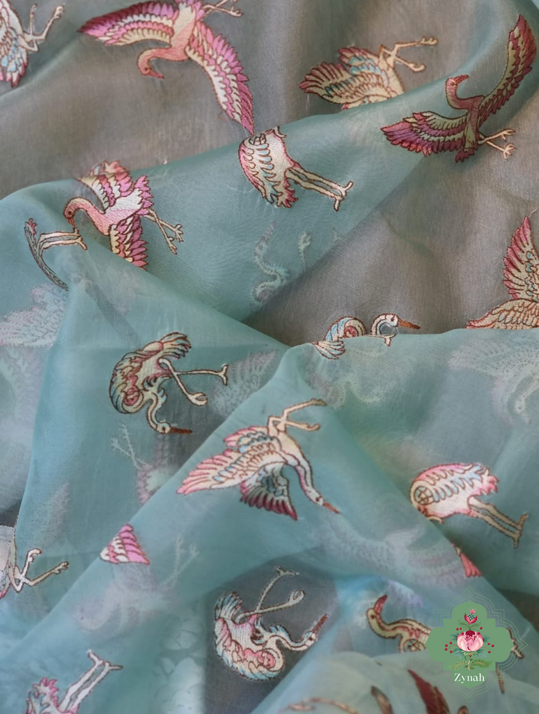 Powder Blue Pure Organza Silk Saree With Parsi Embroidery Border & All Over Embroidered Flamingoes 7