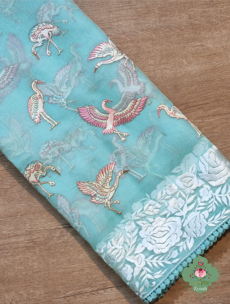 Powder Blue Pure Organza Silk Saree With Parsi Embroidery Border & All Over Embroidered Flamingoes 8