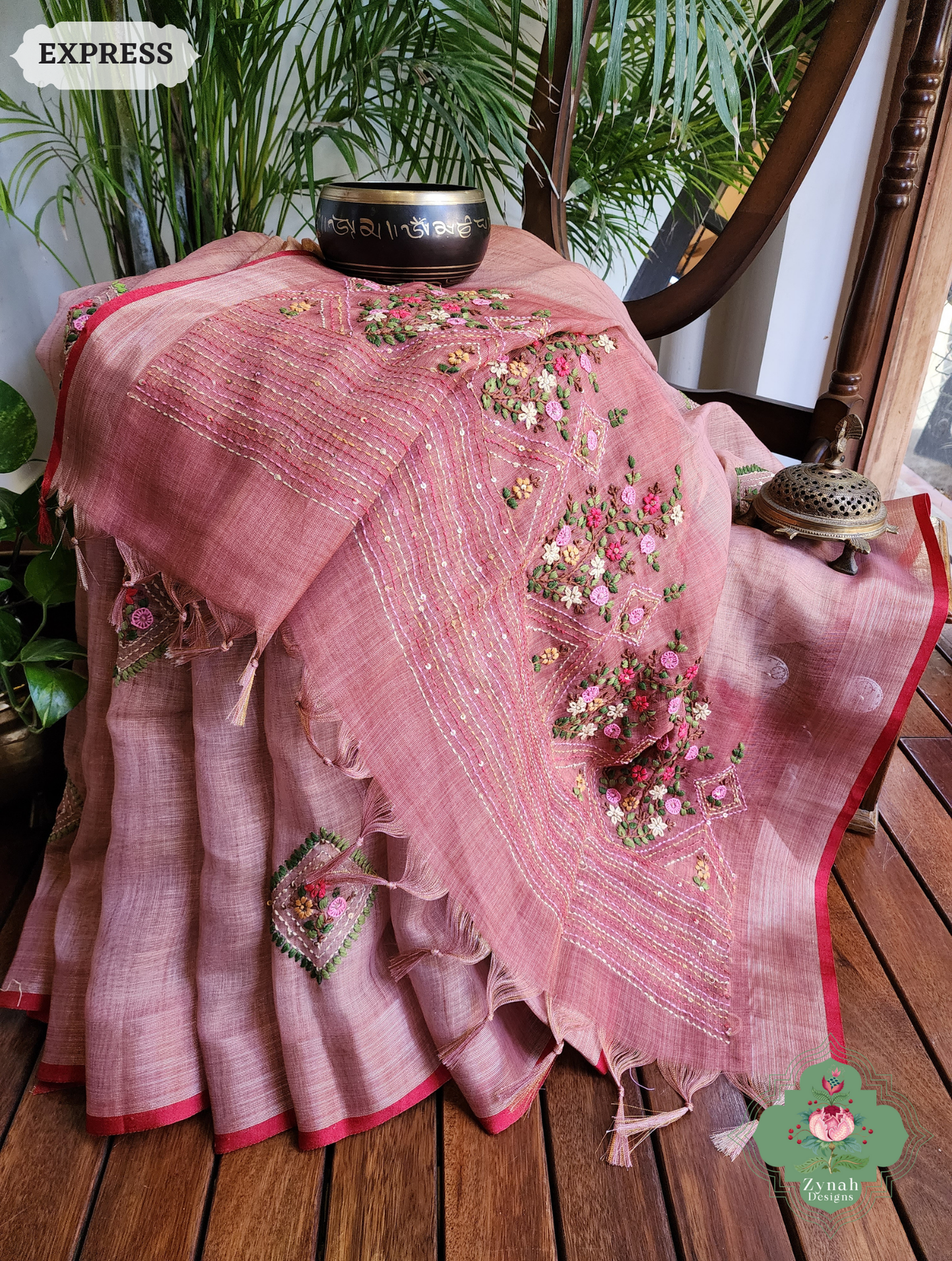 Zynah Powder Pink Linen Tissue Saree Adorned With French-knot & Kantha Hand Embroidery; Custom Stitched/Ready-made Blouse, Fall, Petticoat; SKU: 1903202504