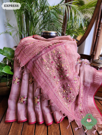 Zynah Powder Pink Linen Tissue Saree Adorned With French-knot & Kantha Hand Embroidery; Custom Stitched/Ready-made Blouse, Fall, Petticoat; SKU: 1903202505