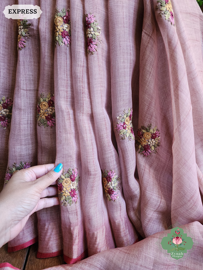 Zynah Powder Pink Linen Tissue Saree Adorned With French-knot & Kantha Hand Embroidery; Custom Stitched/Ready-made Blouse, Fall, Petticoat; SKU: 1903202505