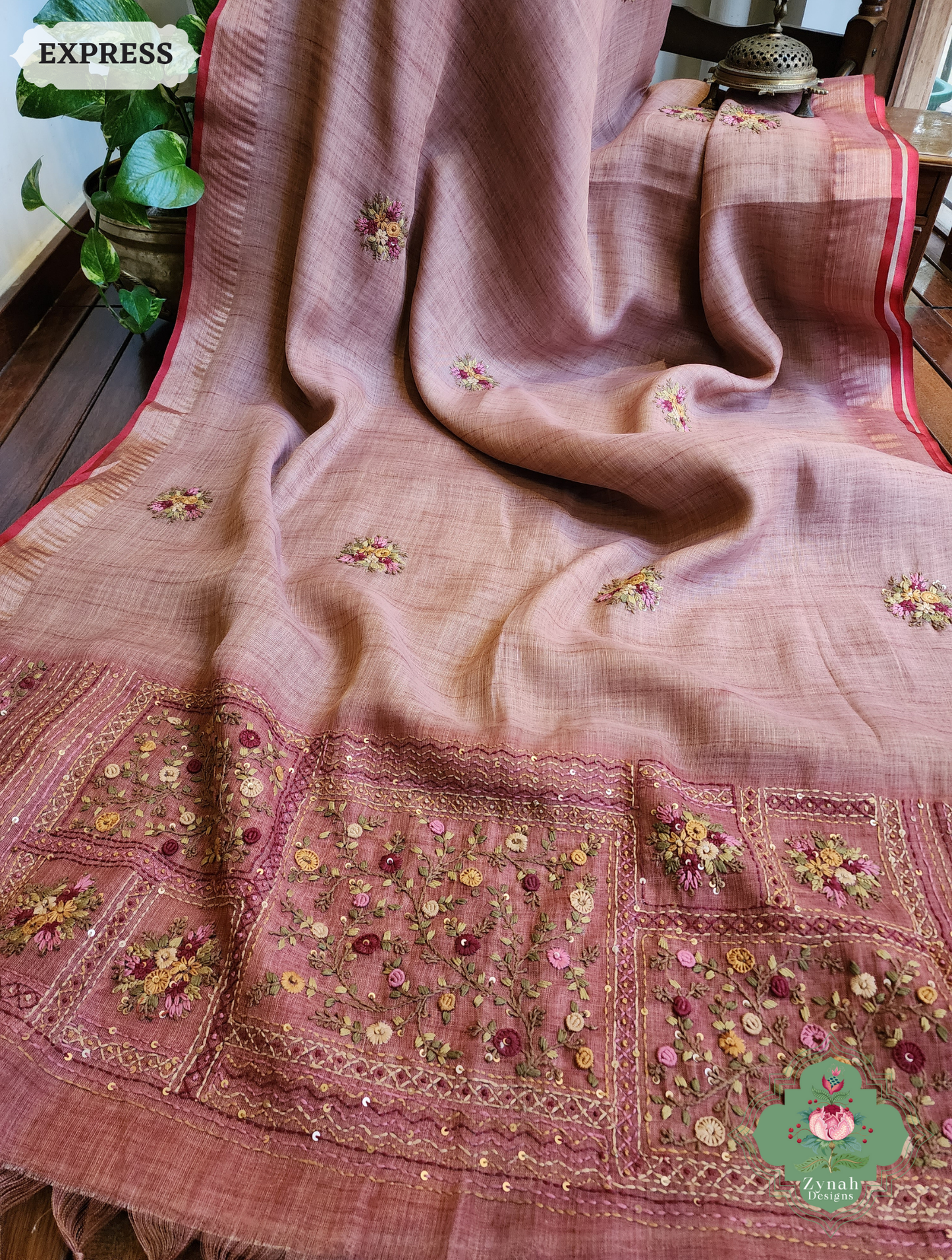 Zynah Powder Pink Linen Tissue Saree Adorned With French-knot & Kantha Hand Embroidery; Custom Stitched/Ready-made Blouse, Fall, Petticoat; SKU: 1903202505