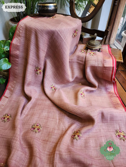 Zynah Powder Pink Linen Tissue Saree Adorned With French-knot & Kantha Hand Embroidery; Custom Stitched/Ready-made Blouse, Fall, Petticoat; SKU: 1903202505