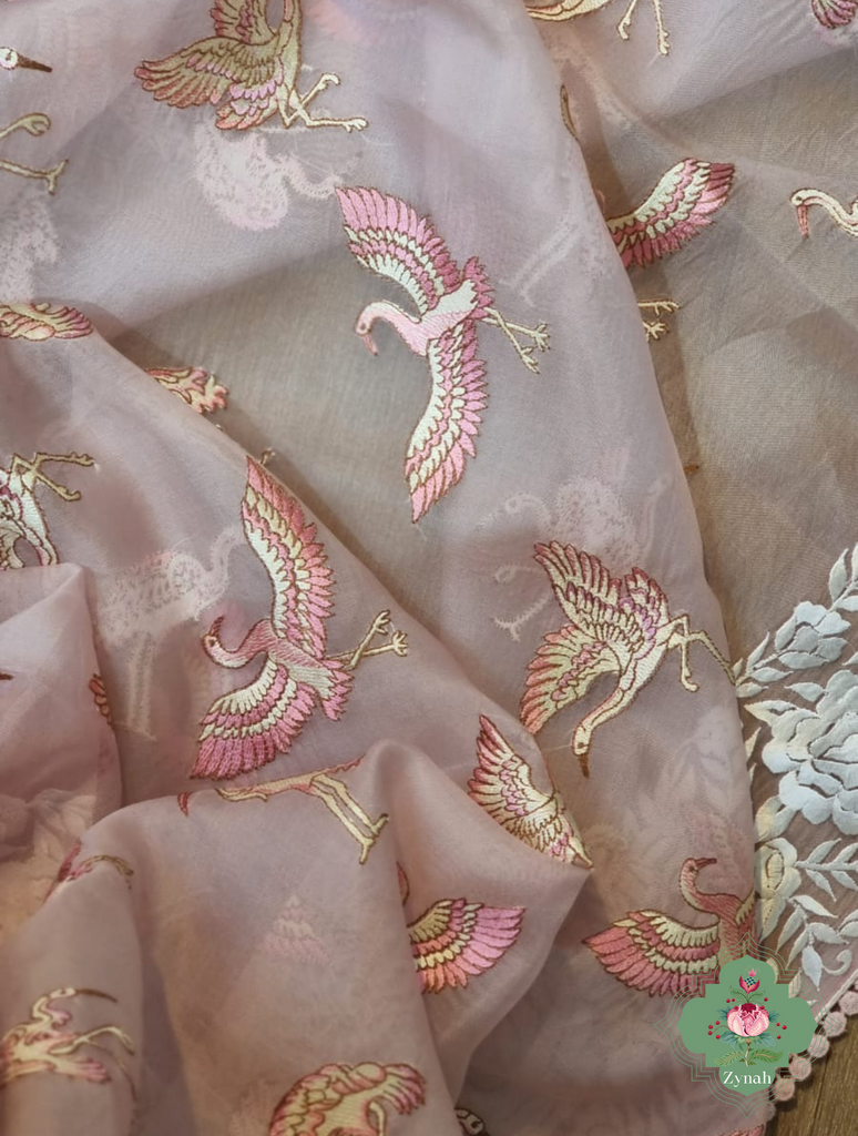 Powder Pink Pure Organza Silk Saree With Parsi Embroidery Border & All Over Embroidered Flamingoes 1