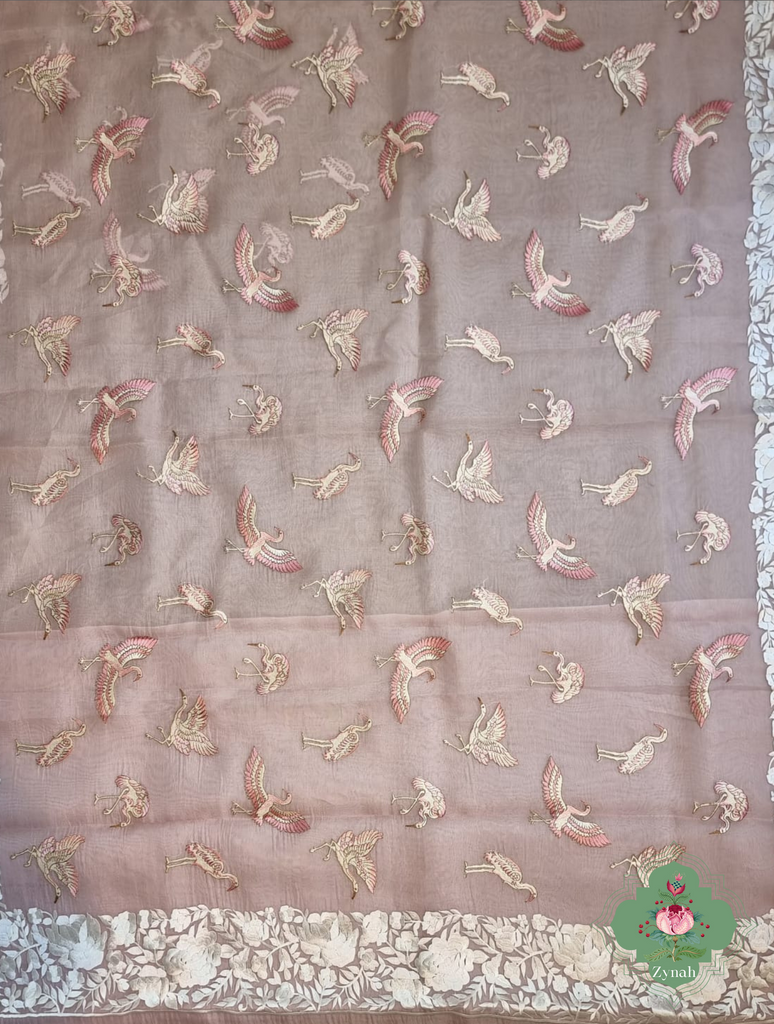 Powder Pink Pure Organza Silk Saree With Parsi Embroidery Border & All Over Embroidered Flamingoes 3