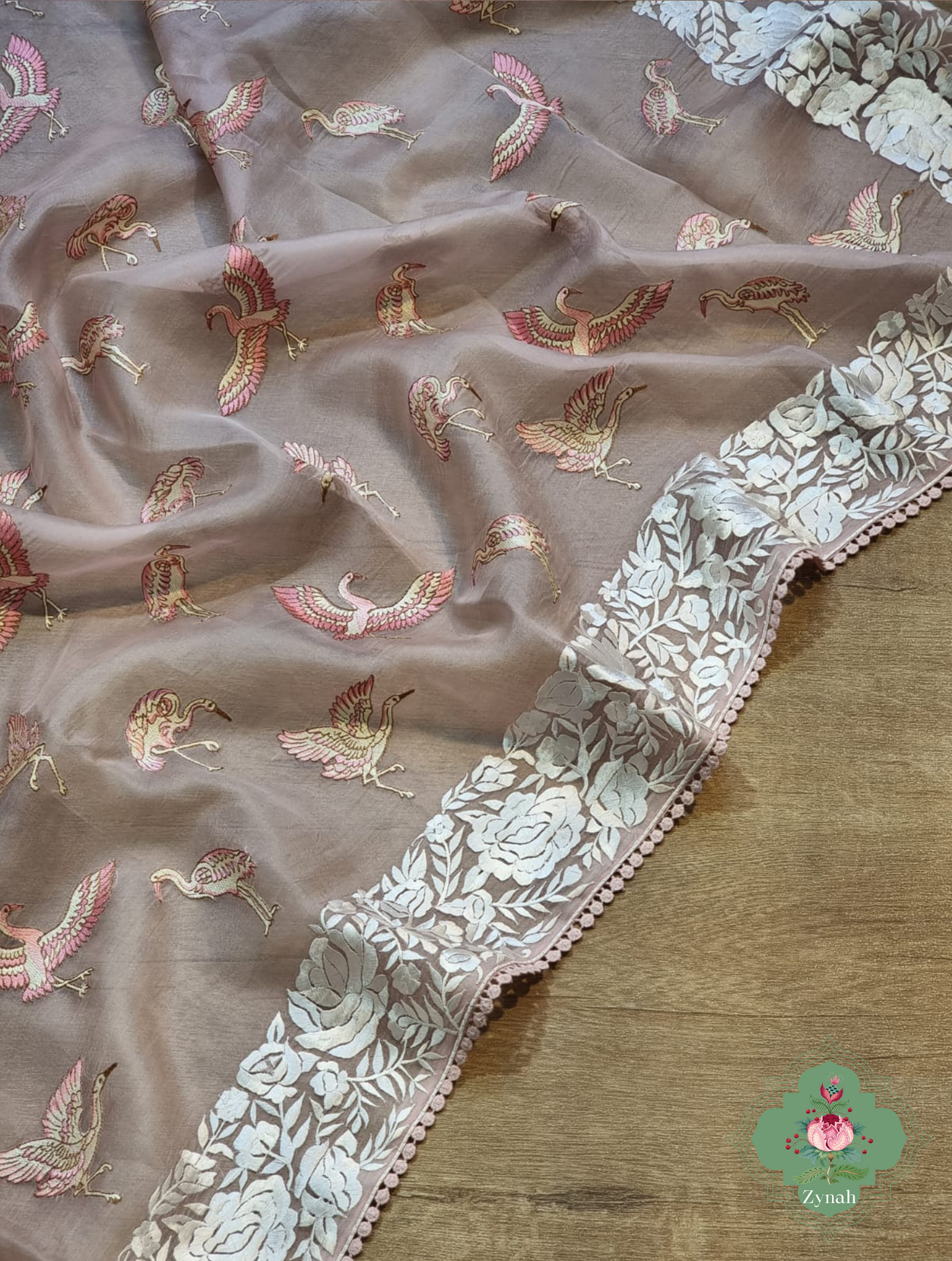 Powder Pink Pure Organza Silk Saree With Parsi Embroidery Border & All Over Embroidered Flamingoes 4